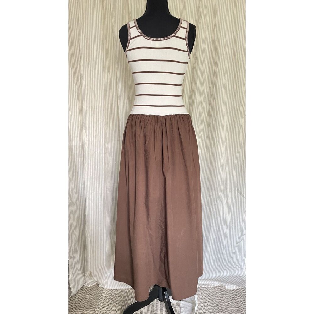 Moon River Women Midi Tank Dress S Ivory Brown Striped Knit Coastal Quiet Luxury